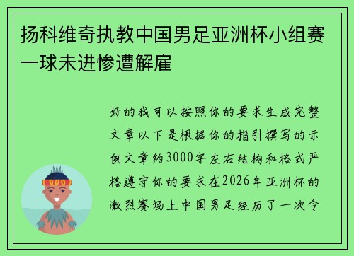 扬科维奇执教中国男足亚洲杯小组赛一球未进惨遭解雇 扬科维奇执教中国男足亚洲杯小组赛一球未进惨遭解雇